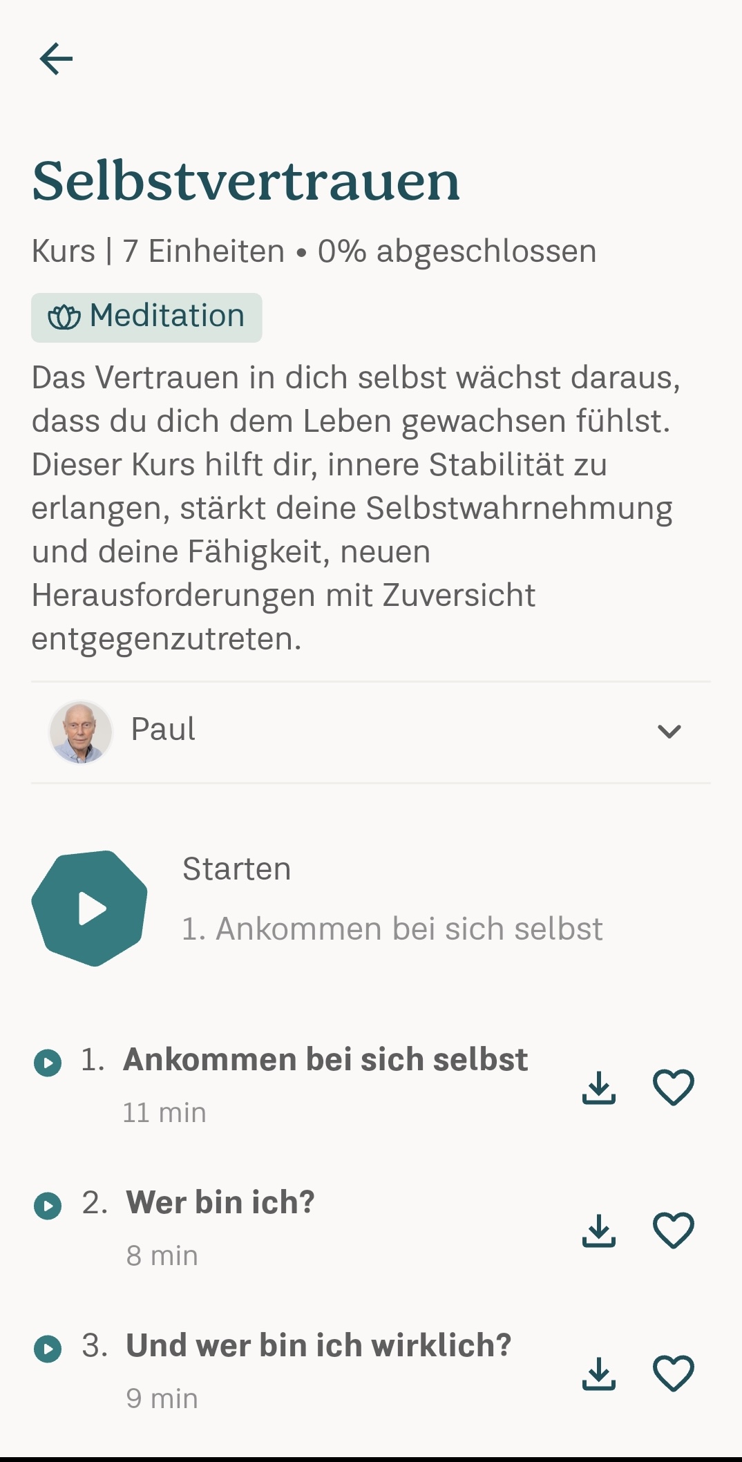 App-Screen: Kurs „Selbstvertrauen“ mit 7 Einheiten