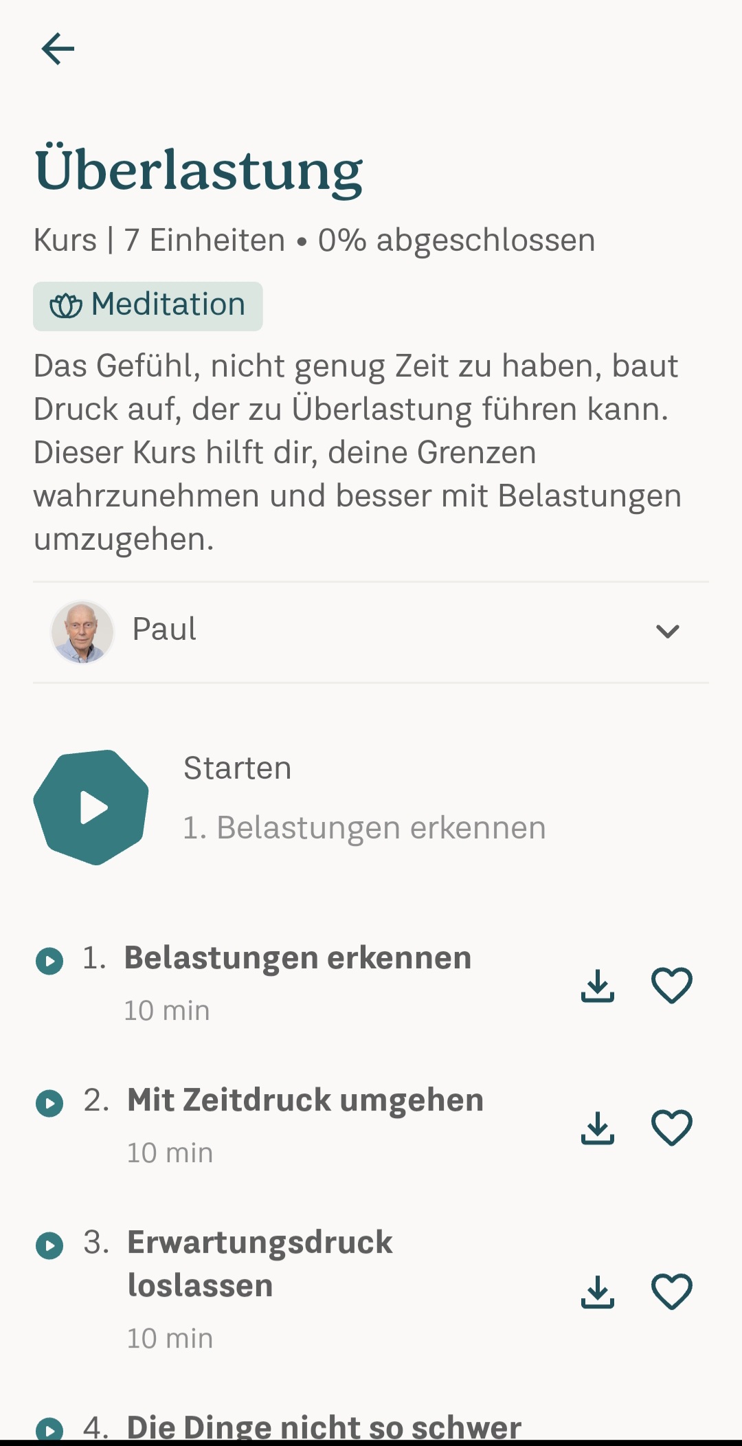 App-Screen: Kurs „Überlastung“ mit 7 Einheiten