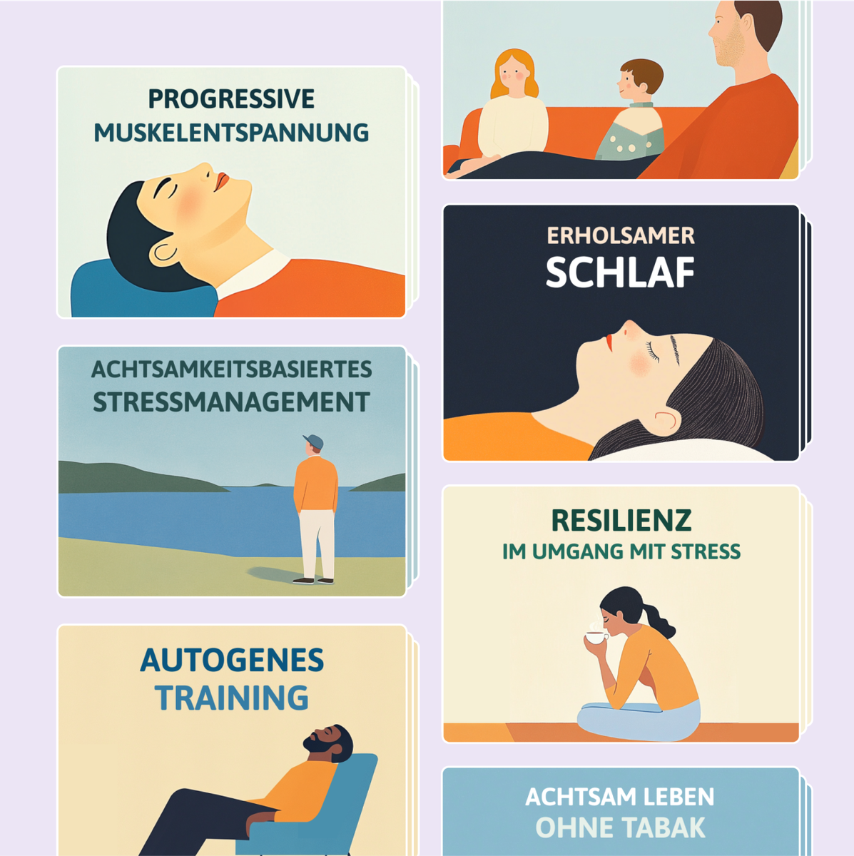 Illustrated cards showing relaxation techniques, including muscle relaxation, stress management, sleep, resilience, and tobacco-free living.