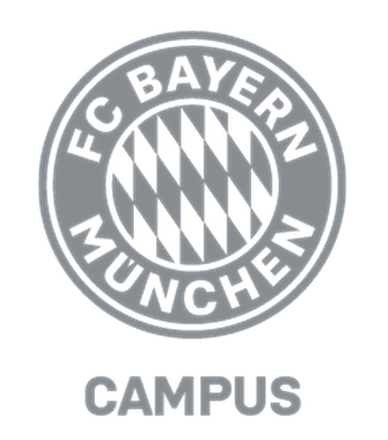 Logo of FC Bayern München Campus, featuring a circular emblem with diagonal stripes and the text "FC Bayern München" around it.