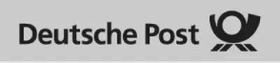 Deutsche Post logo featuring bold black text and a stylized horn symbol on a light gray background.