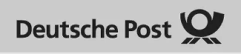 Deutsche Post logo featuring bold black text and a stylized horn symbol on a light gray background.