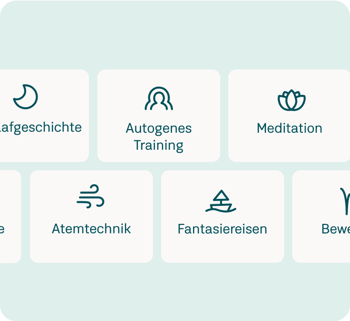 Icons and text on a light blue background: "Schlafgeschichte," "Autogenes Training," "Meditation," "Atemtechnik," "Fantasiereisen."