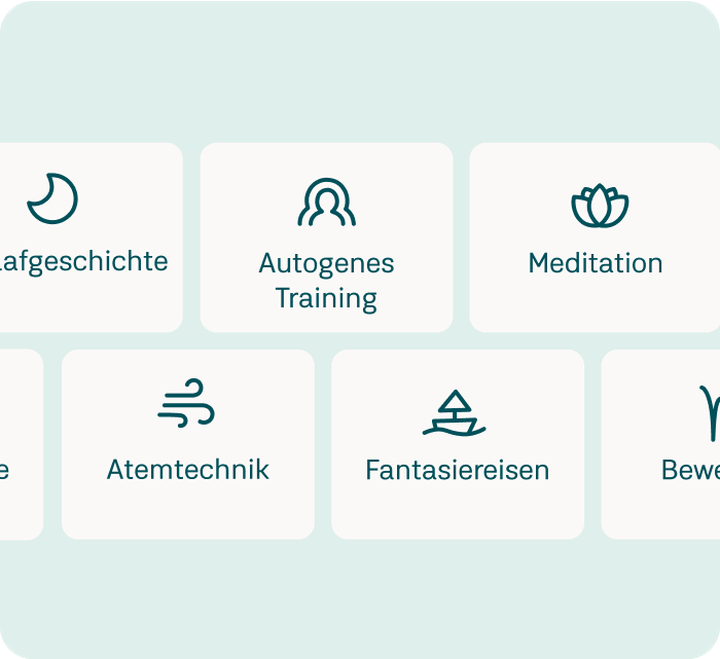 Icons and text on a light blue background: "Schlafgeschichte," "Autogenes Training," "Meditation," "Atemtechnik," "Fantasie­reisen."
