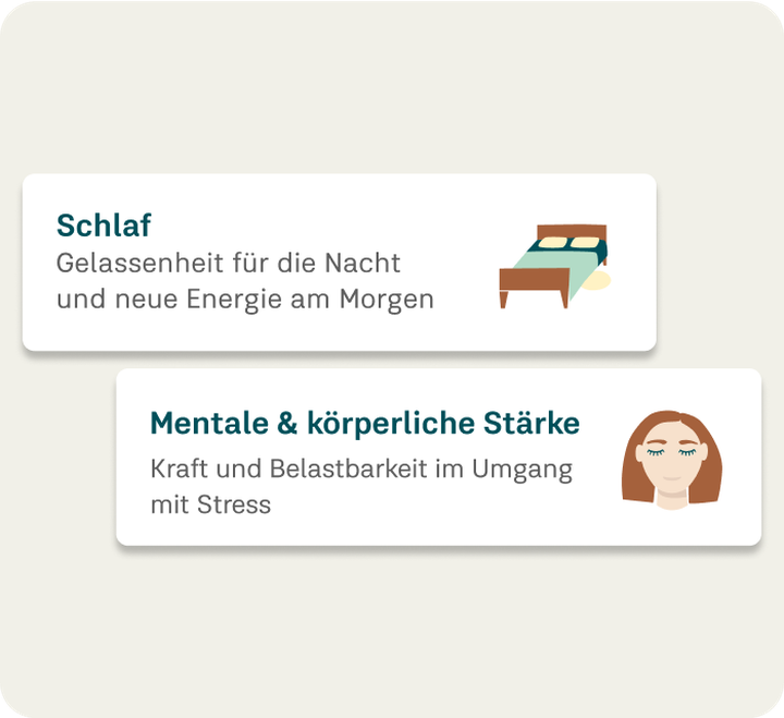 Two cards: one with a bed icon and German text about sleep, the other with a woman's face icon and text about mental and physical strength.