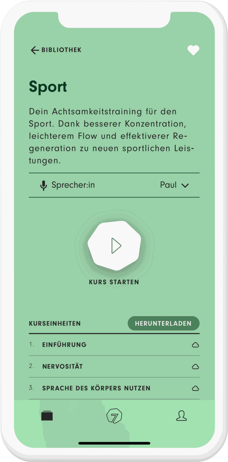 Bildschirmaufnahme der 7Mind-App aus dem Kurs Sport