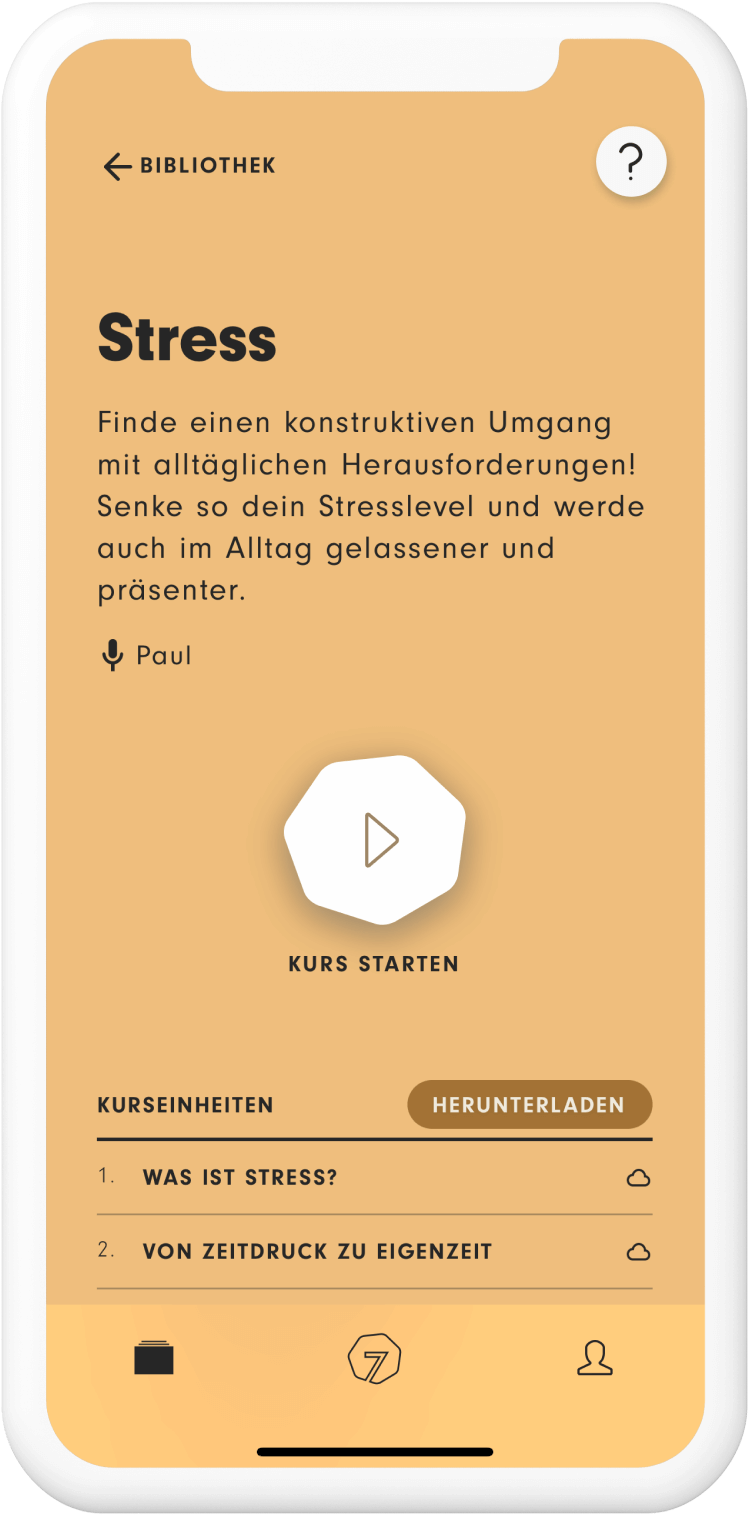Screenshot des Stress-Kurses aus der 7Mind-App, gelber Hintergrund