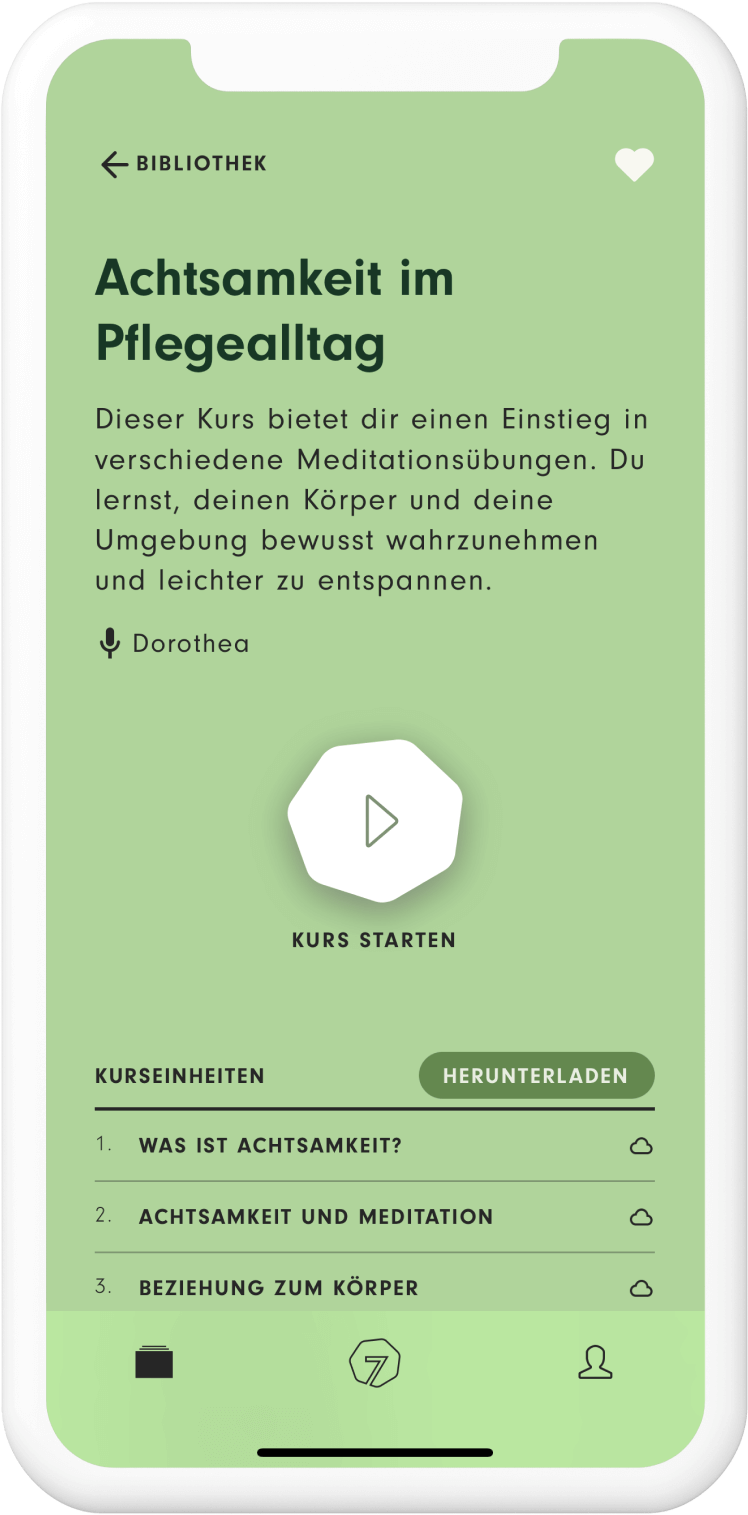 Bildschirmfoto aus dem 7Mind-Kurs "Achtsamkeit im Pflegealltag"
