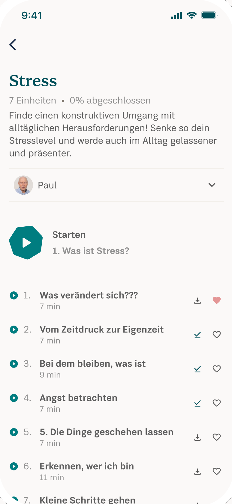 App-Screen: Kurs Stress mit 7 Einheiten