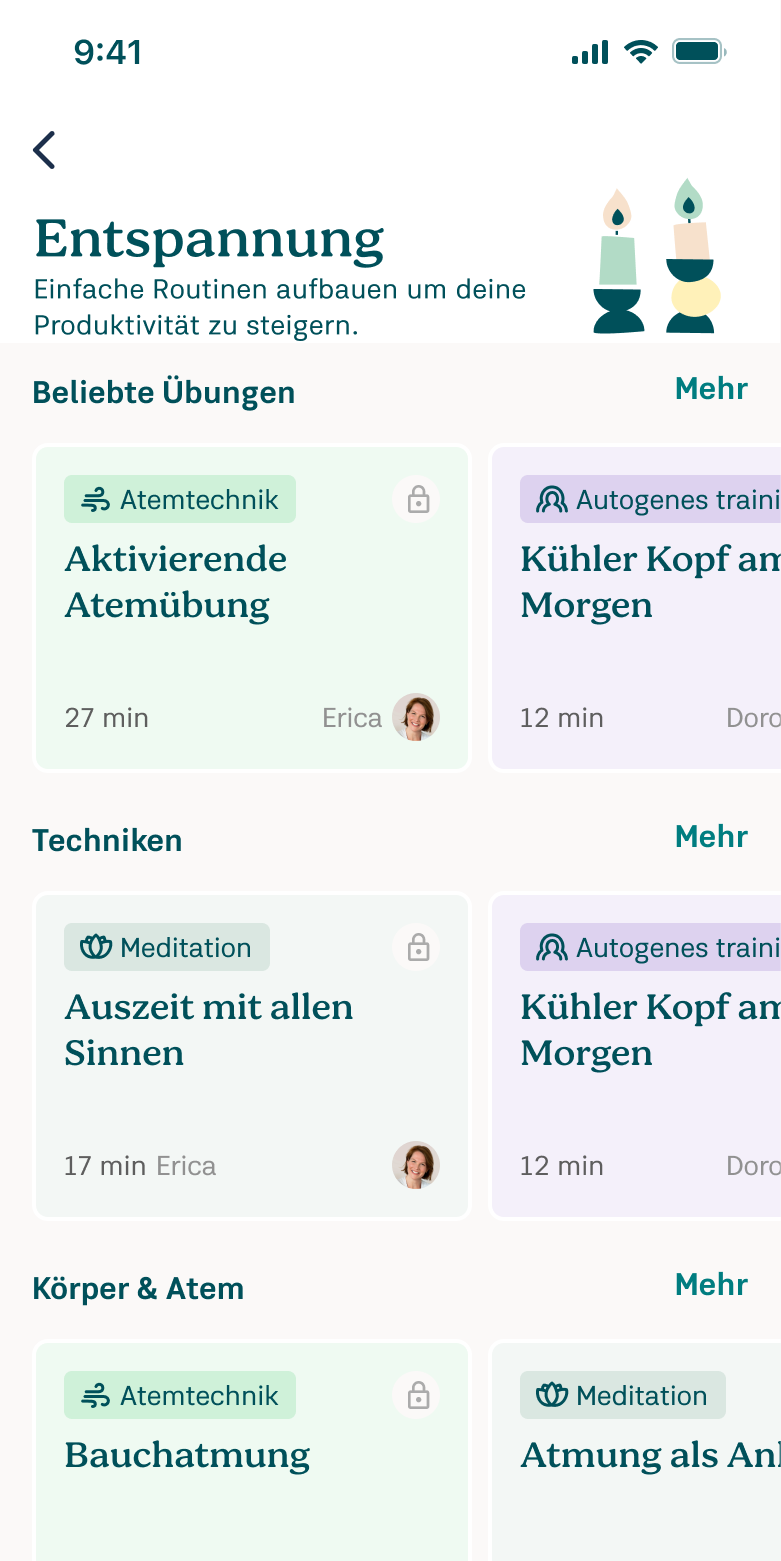 App-Screen: Bereich Entspannung mit Atemtechniken, Meditationen und Übungen