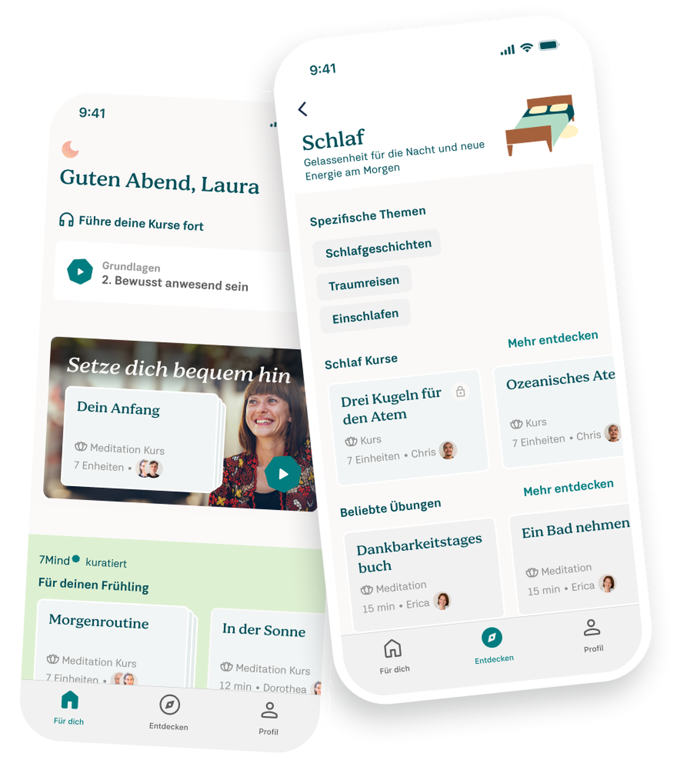 Two smartphone screens display a meditation app interface in German, featuring courses, sleep tips, and a welcome message.