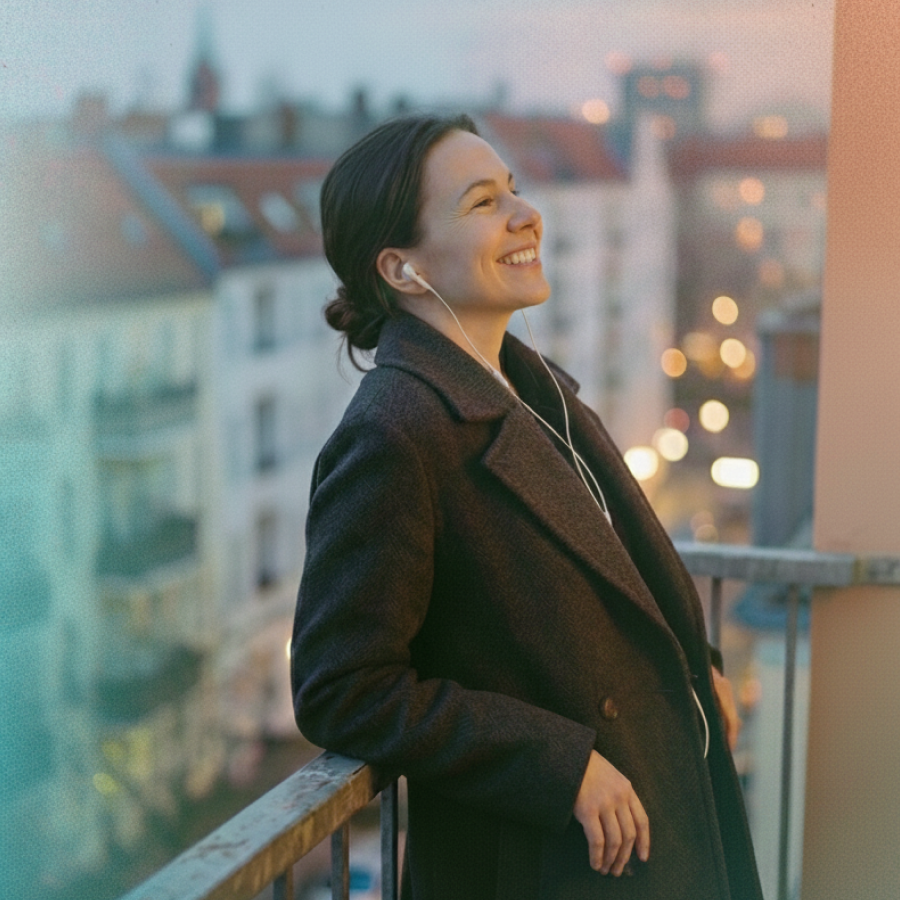 A woman in a coat smiles while listening to earphones on a balcony overlooking a city at dusk. Text reads "Neujahrsangebot."
