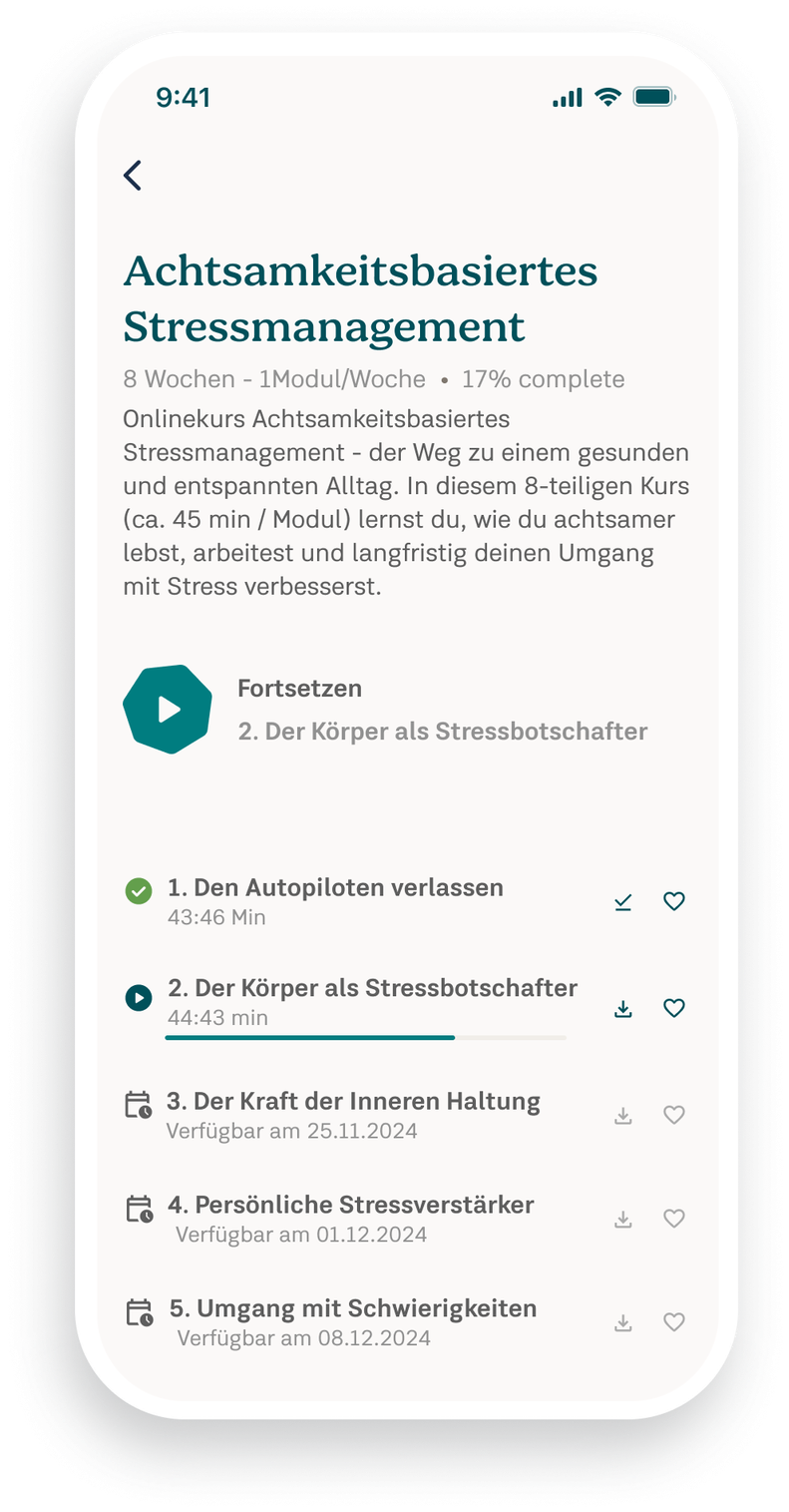 Screenshot des Präventionskurses "Achtsamkeitsbasiertes Stressmanagement"
