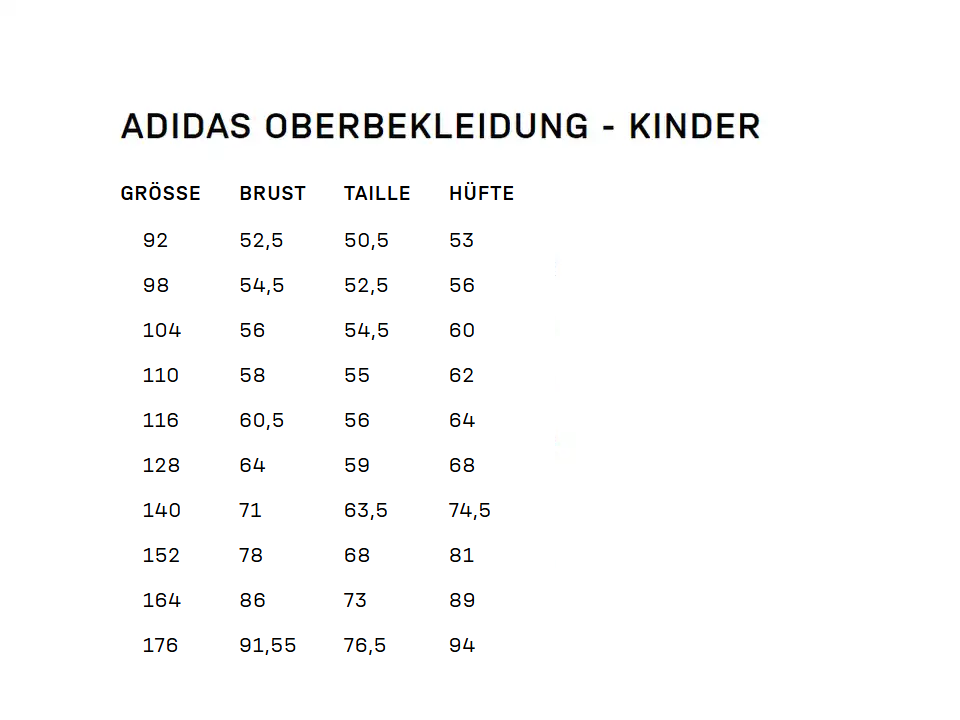 Groessentabelle für adidas Trikots