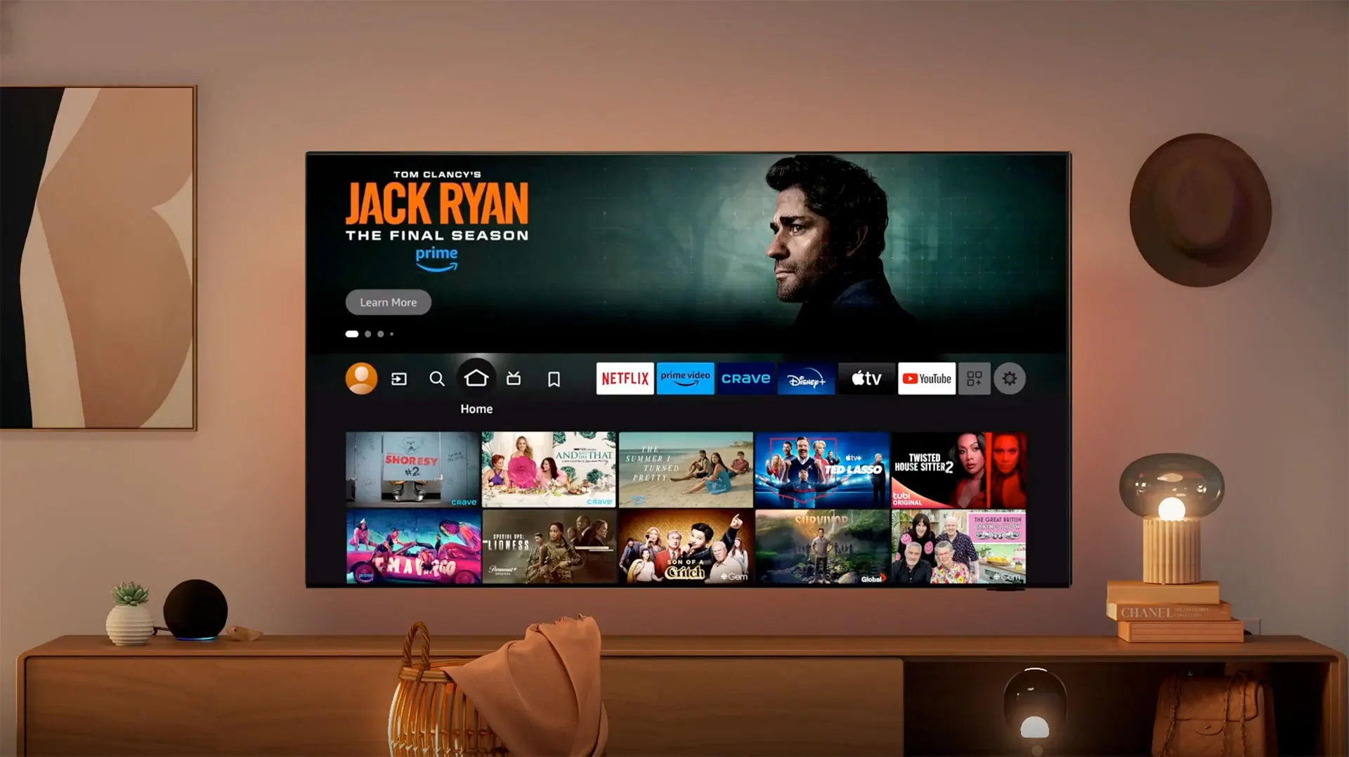 living room, with Fire TV on the tv screen