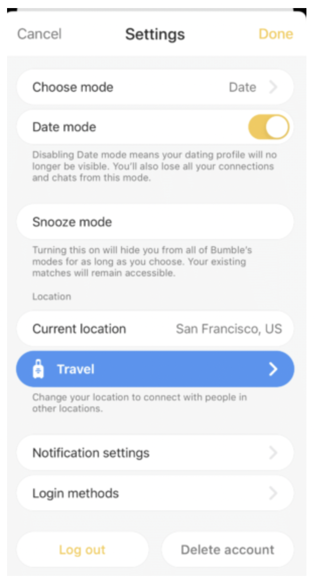 bumble travel.mode