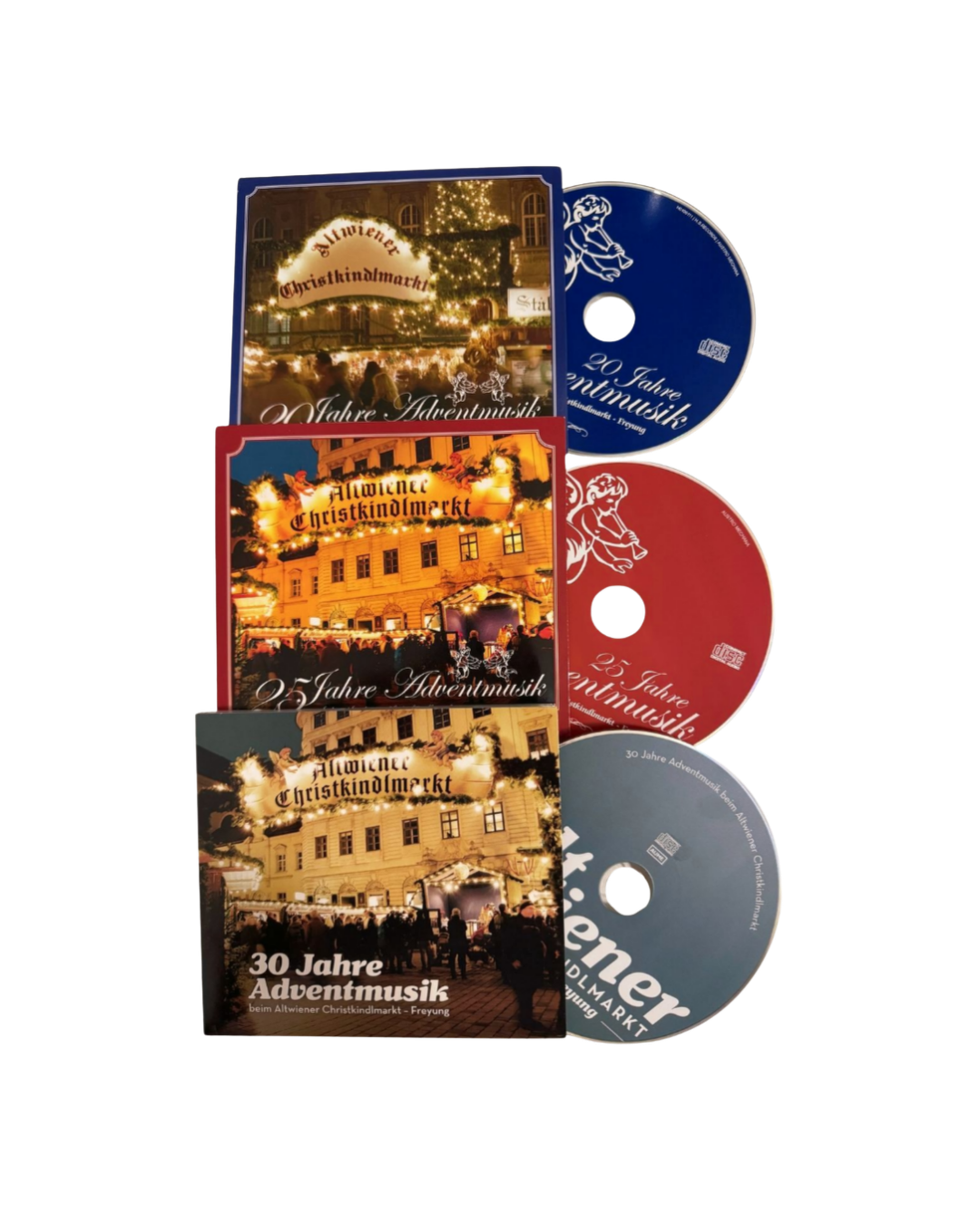 Three Christmas music CDs with festive covers, titled "30 Jahre Adventsmusik," featuring holiday market scenes and decorative lights.