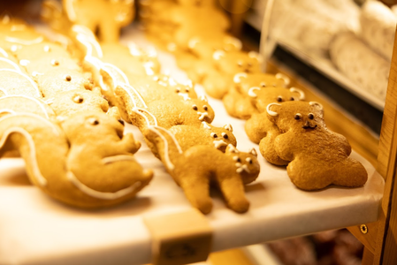 Cute animal-shaped cookies, including bears and squirrels, with icing details displayed on a tray in a bakery setting.