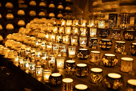 A warm display of intricately designed candle holders emits a soft, golden glow. The patterns cast playful shadows, creating a cozy, inviting ambiance.