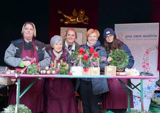 A group of five people stands behind a table covered with festive wreaths and decorations. They wear aprons and warm clothing, smiling warmly. The backdrop includes a banner with text about a rare diseases alliance, conveying a sense of community and support.