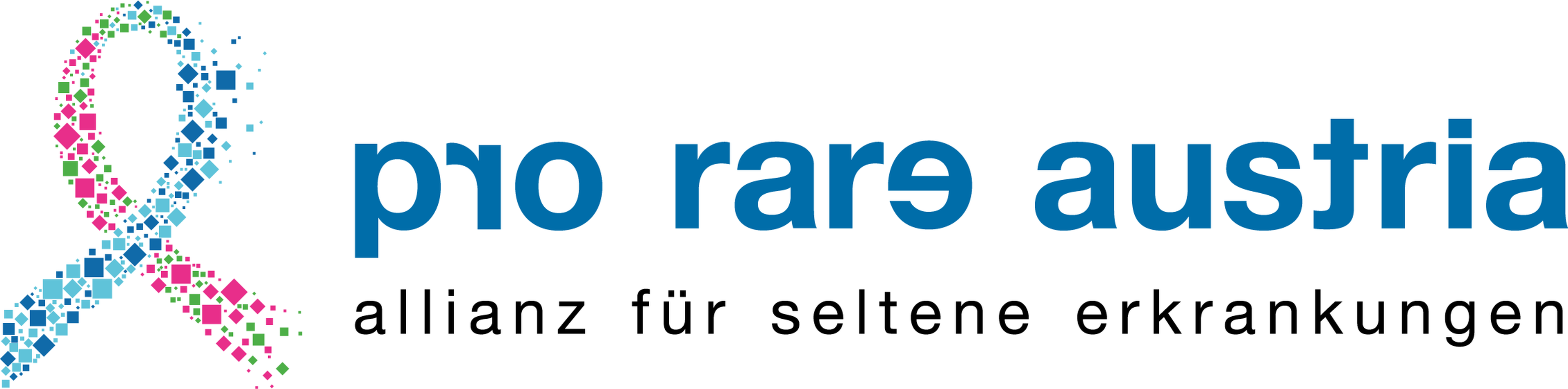 Logo of "pro rare austria" with a pixelated ribbon in blue, pink, and green, and text "allianz für seltene erkrankungen" below.