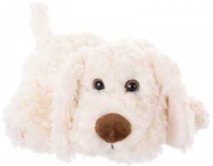 A fluffy, cream-colored plush dog with big black eyes and a brown nose, lying down with its ears flopped to the sides.