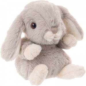 A fluffy gray stuffed bunny with long ears, white paws, and a soft, round body, sitting upright.