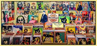 A colorful store display featuring a variety of movie, music, anime, and game-themed posters, including jokers and cats, with vibrant artwork.