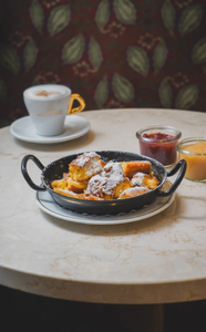 A pan of powdered sugar-dusted pastries on a table with a cup of coffee, jam, and apple sauce in jars.