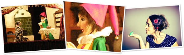 Three images: puppet show scene, close-up of a puppet with a pink hat, woman holding a toy bird on her hand, wearing hair rollers.