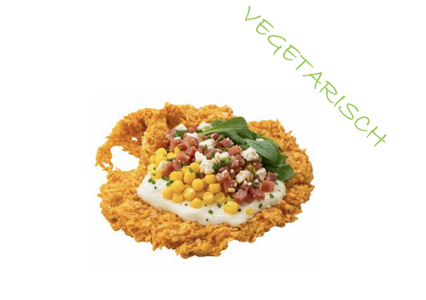 Vegetarian dish with corn, tomatoes, and cheese on a crispy base, labeled "VEGETARISCH" in green text.