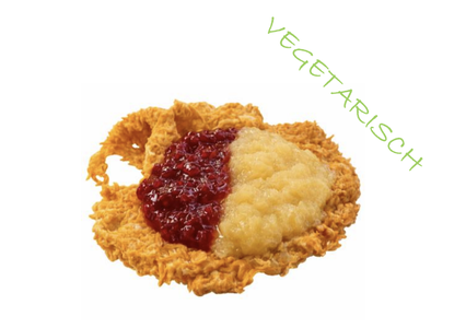 A potato pancake topped with applesauce and red jam, labeled "VEGETARISCH" in green text on a white background.