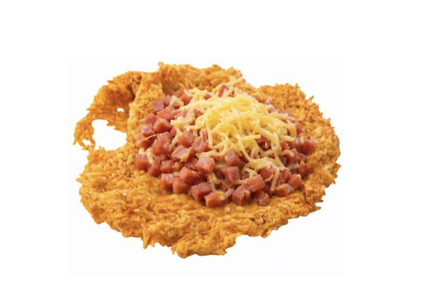 A crispy fried base topped with diced ham and shredded cheese, served on a white background.