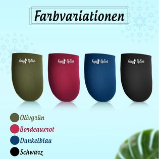 Four toe pouches in olive green, bordeaux red, dark blue, and black, labeled "happy toes," with color names in German below each.
