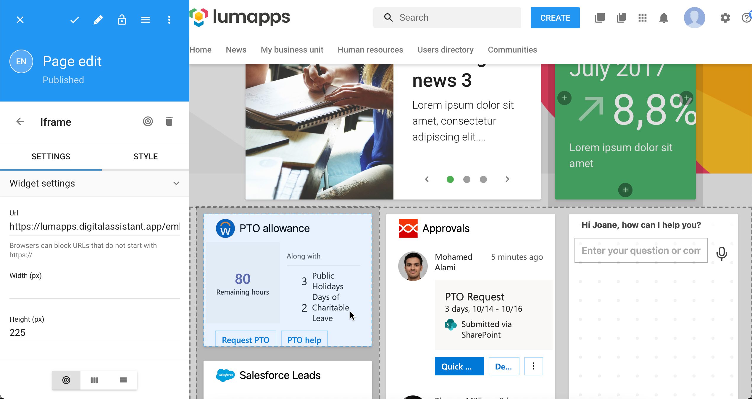 Page Editor view showing Adaptive Cards embedded from Digital Assistant