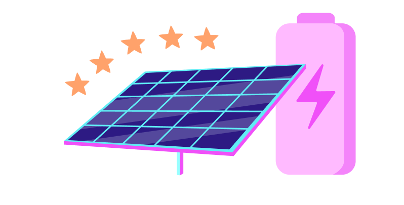 Illustration of a solar panel and a pink battery with a lightning bolt, surrounded by five orange stars in an arc.