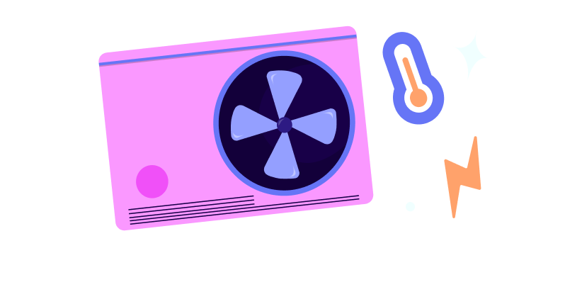 Illustration of a pink heat pump, thermometer, sparkle, and bolt symbols representing cooling and energy efficiency.