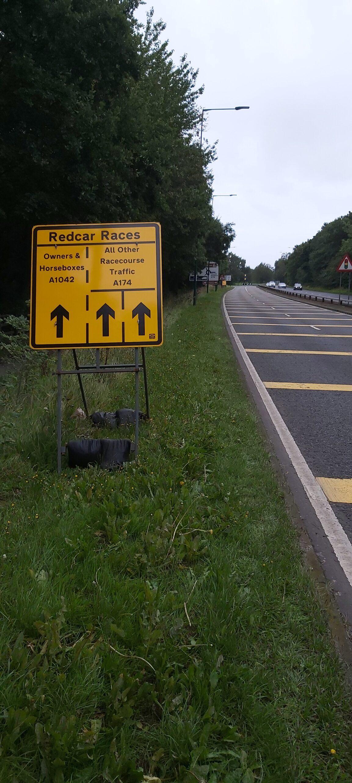 Yellow road signs for Redcar Races