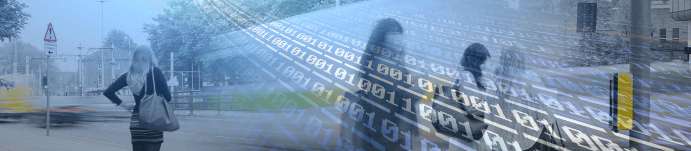 People with numeric data overlayed in a banner format.