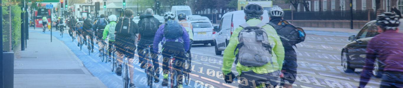 People cycling with numeric data overlayed in a banner format.