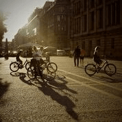 Poeple riding bikes in the street.