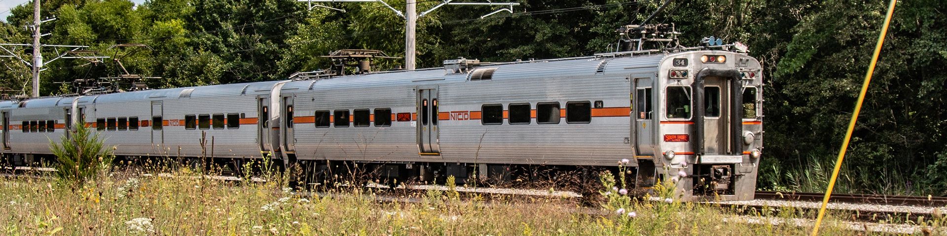 A silver passenger train traveling on tracks beside lush green trees and wildflowers under a partly cloudy sky.