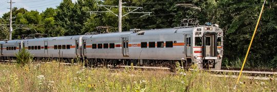 A silver passenger train traveling on tracks beside lush green trees and wildflowers under a partly cloudy sky.