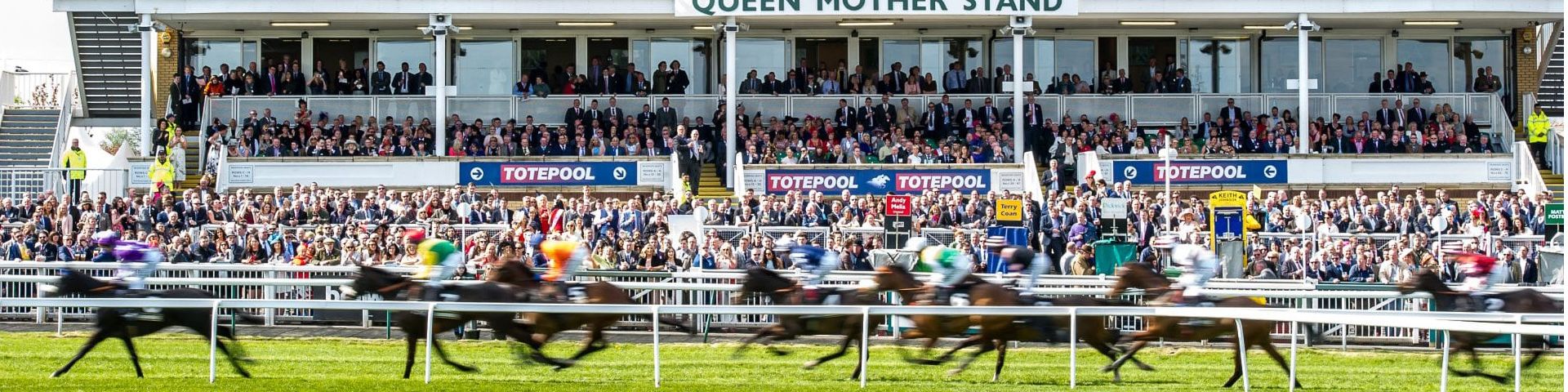 Horses racing past the Queen Mother stand at the Grand National