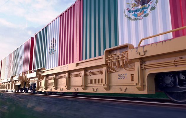 Train holding container cargo, with the Mexico national flag painted on.