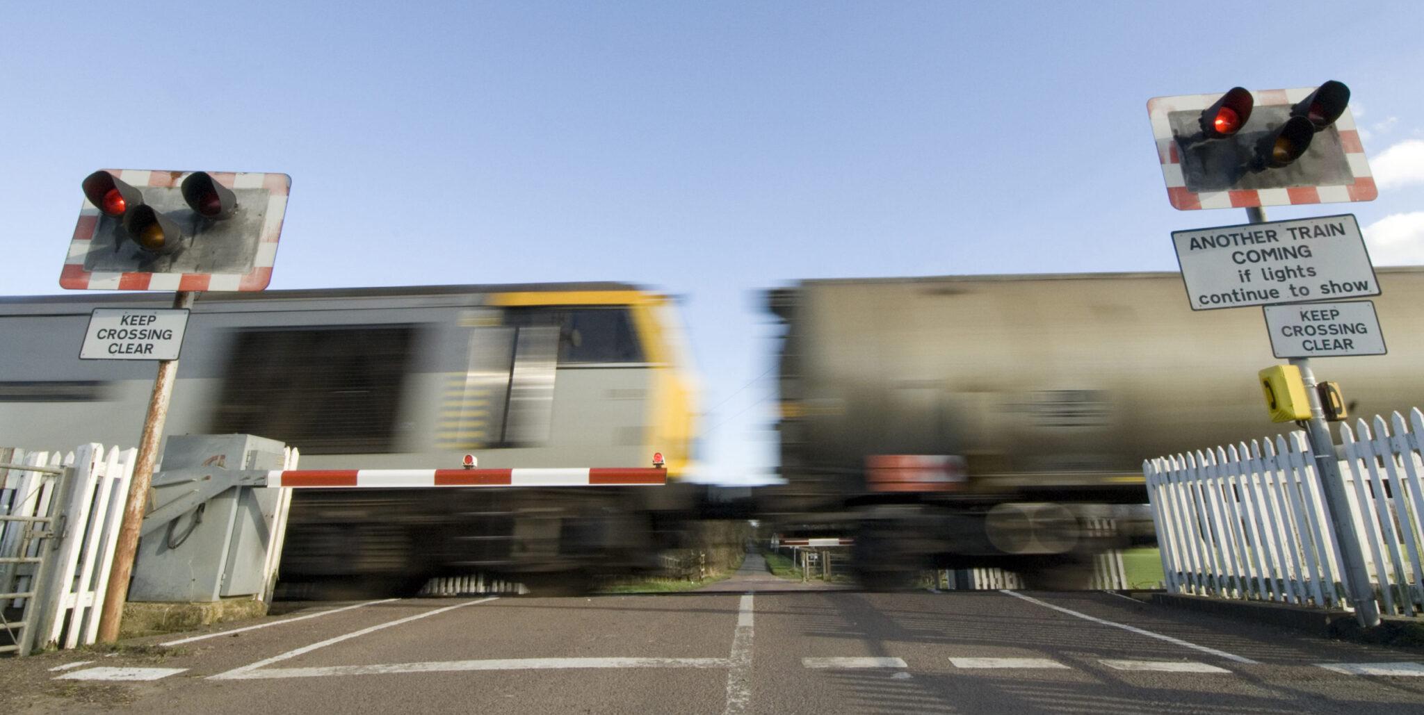 A freight train passing through a crossing