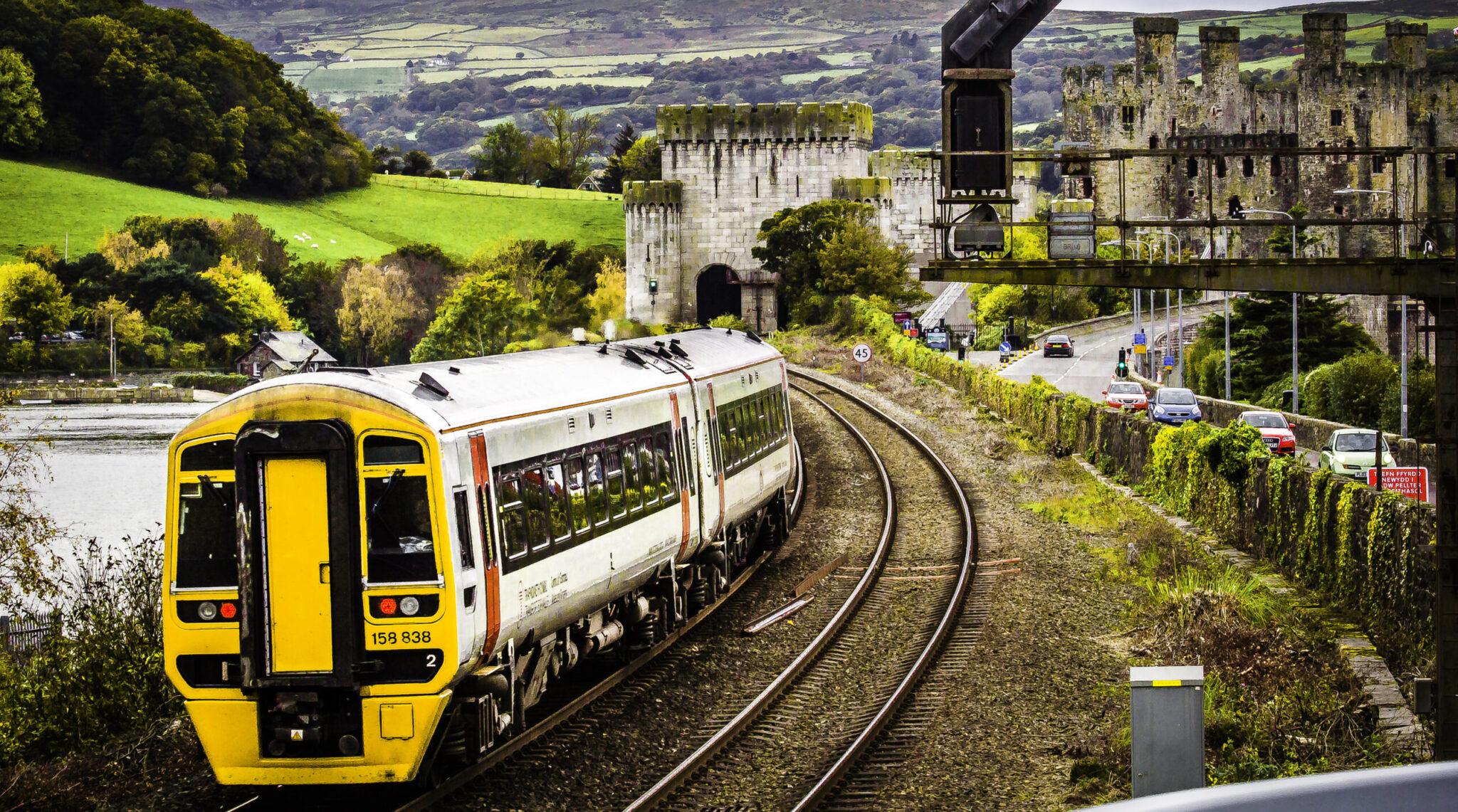 A train travelling through a rural landscape