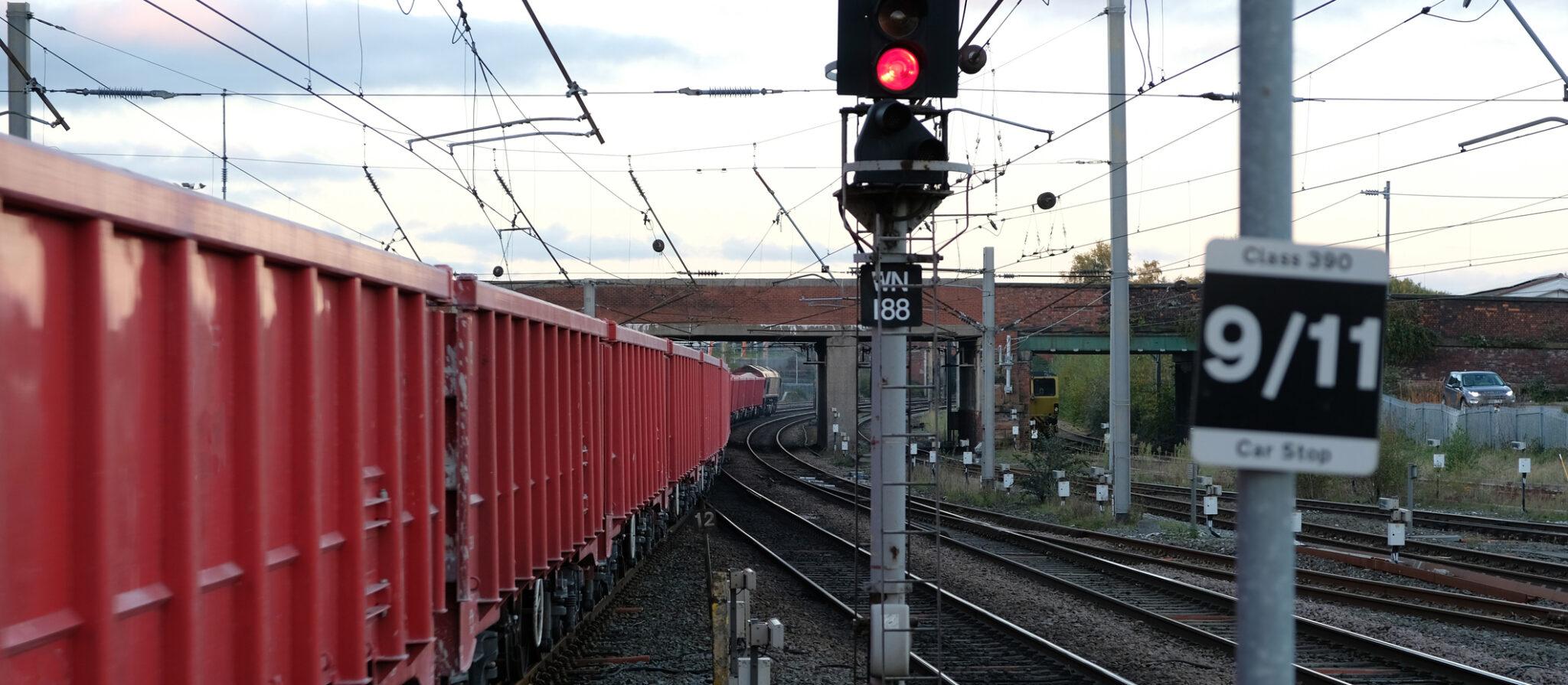 A freight train passing through a junction