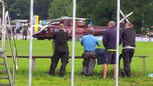 Royal family members land in the royal helicopter at Harewood House