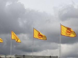 Four flags against an overcast sky